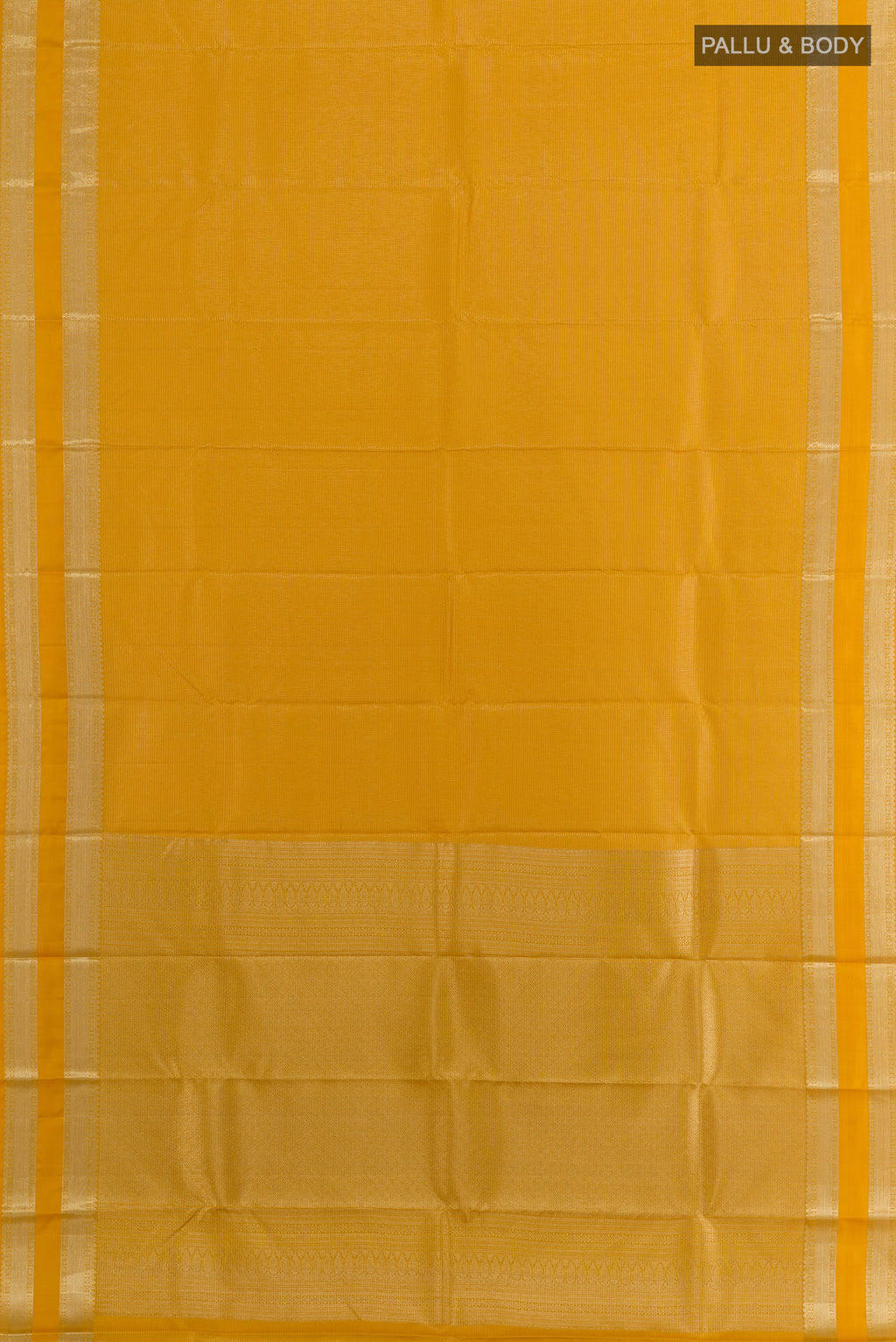 Flat view of Pure Silk Mustard Kanchipuram Saree with Stripes on the body and Zari Border. 