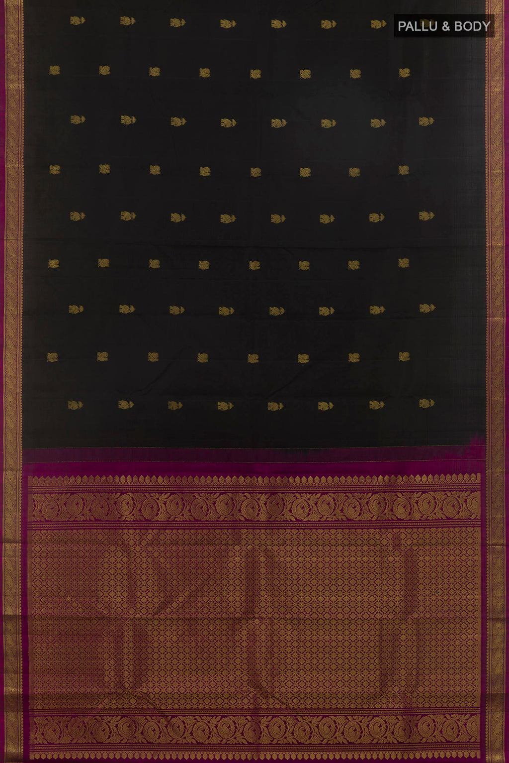 Flat view of Pure Silk Black Kanchipuram Saree with Zari Butta on the body and Zari Border. 