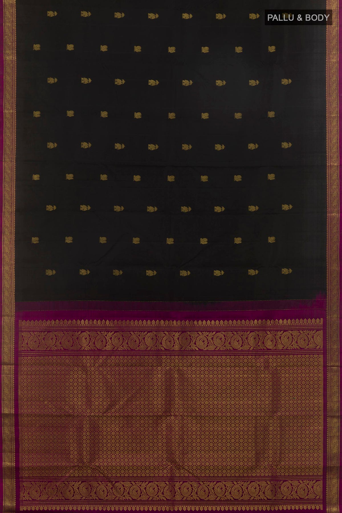 Flat view of Pure Silk Black Kanchipuram Saree with Zari Butta on the body and Zari Border. 
