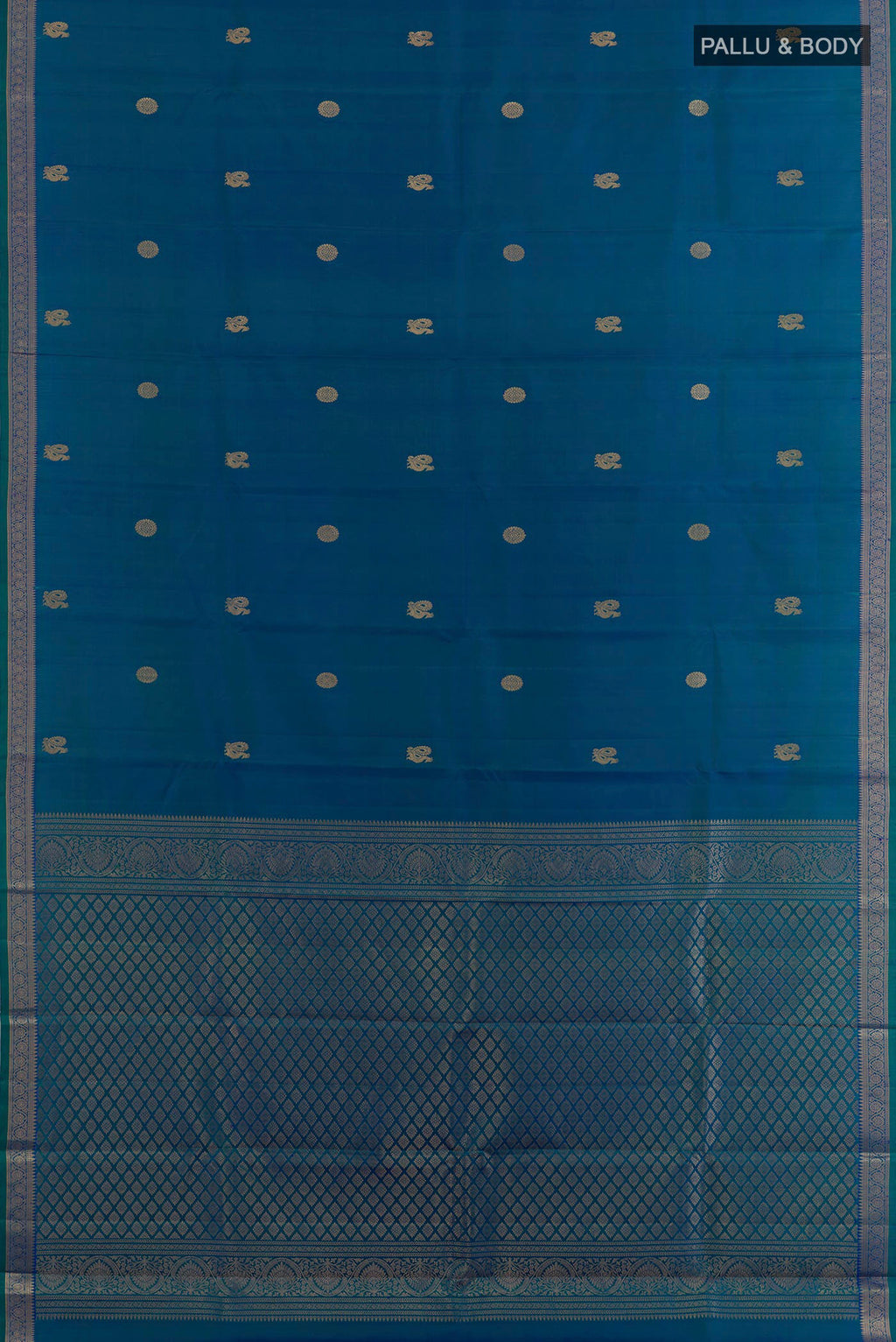 Flat view of Pure Silk Peacock Blue Kanchipuram Saree with Zari Butta on the body and Zari Border. 