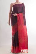 Pure Silk Coffee Brown Soft Saree with Stripes on the body and Zari Border.  displayed on a mannequin
