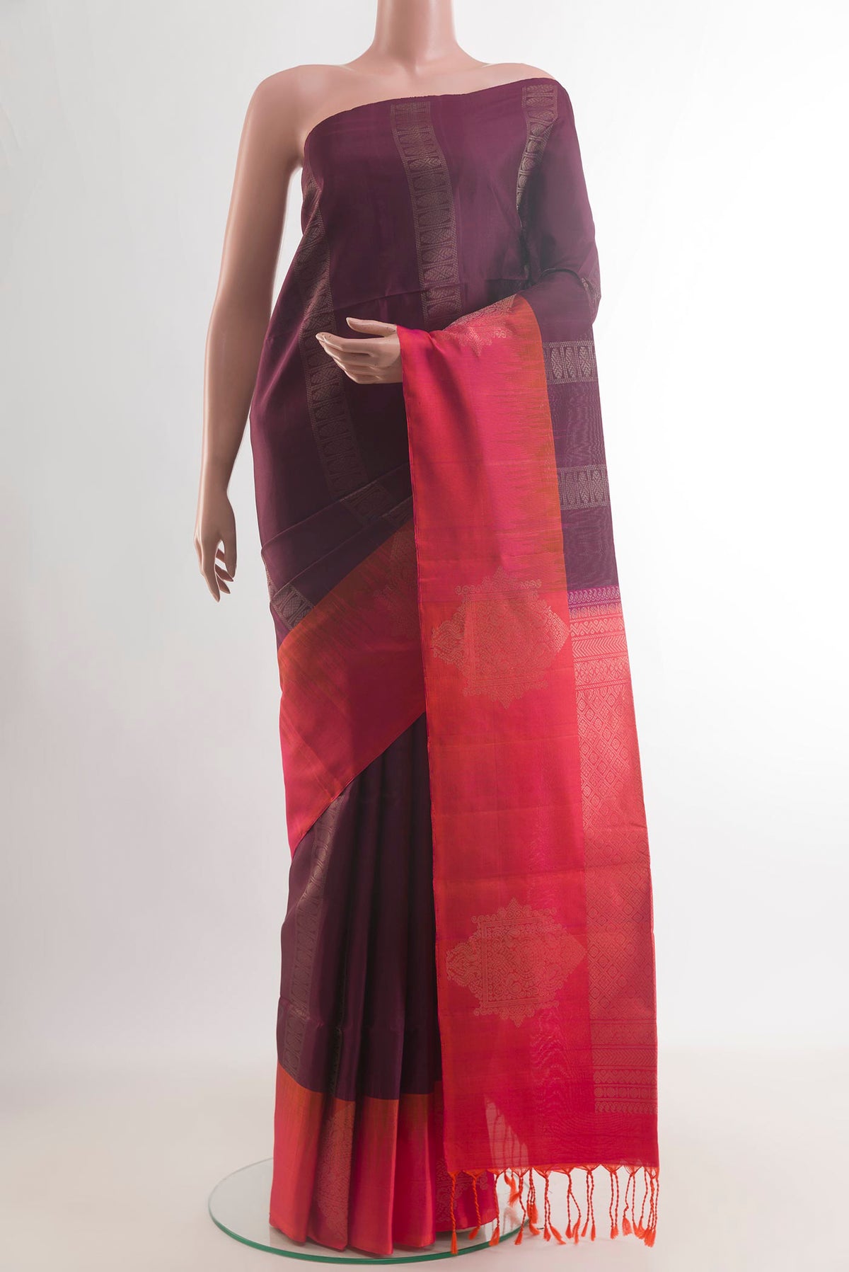 Pure Silk Coffee Brown Soft Saree with Stripes on the body and Zari Border.  displayed on a mannequin