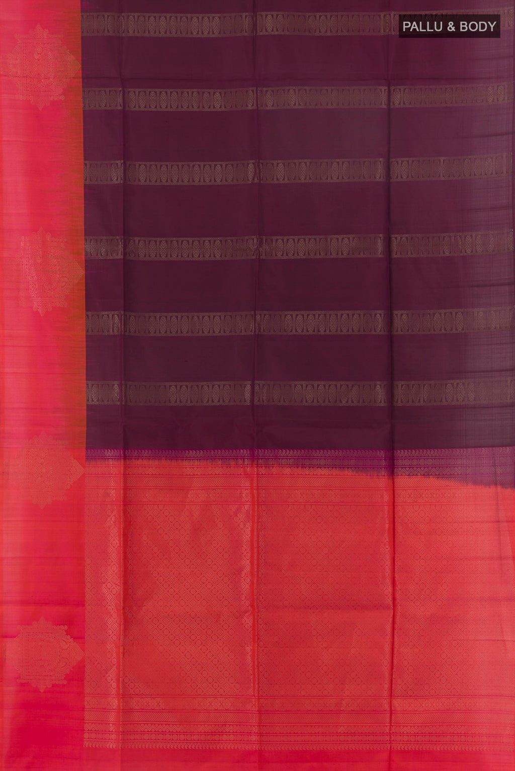 Flat view of Pure Silk Coffee Brown Soft Saree with Stripes on the body and Zari Border. 