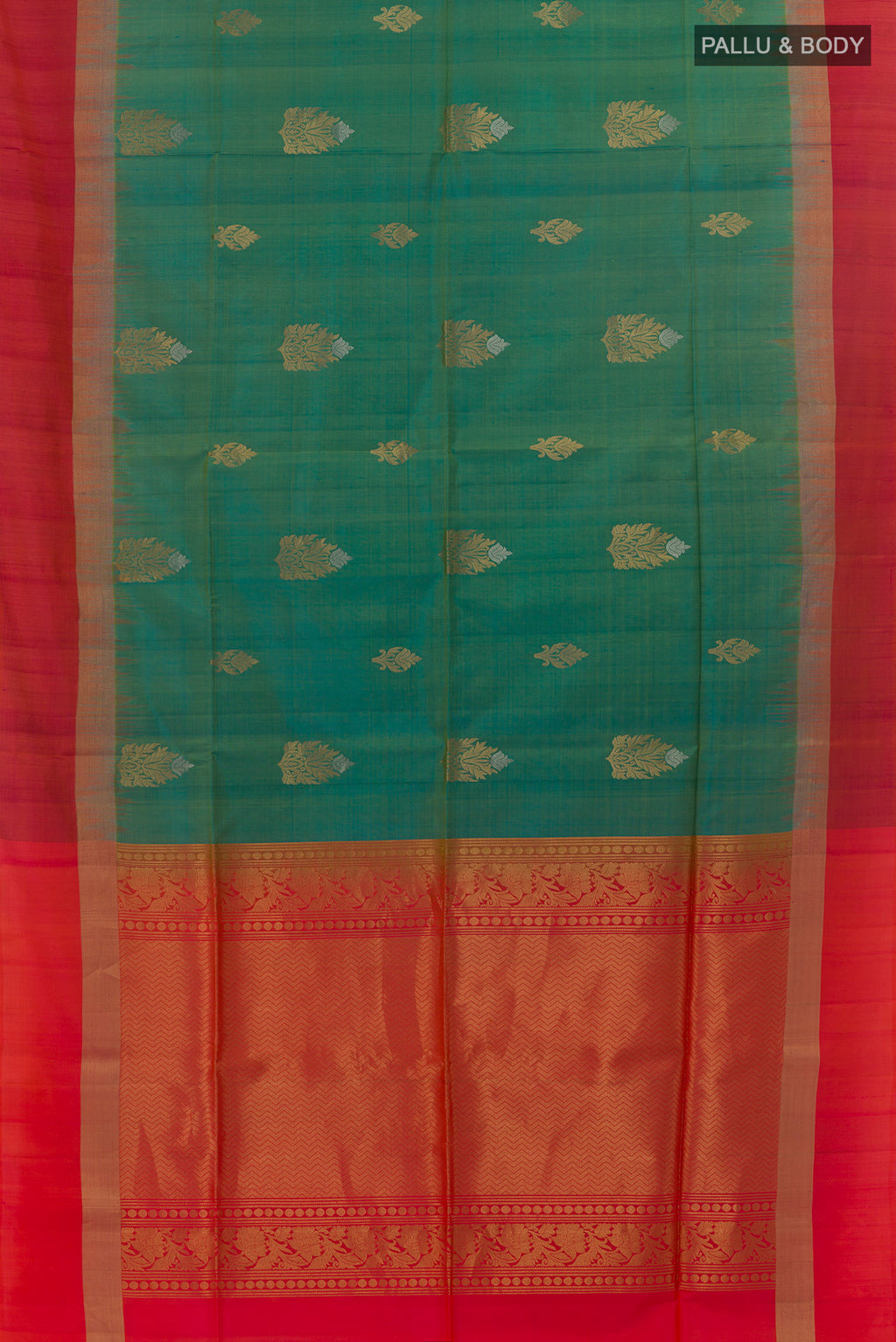 Flat view of Pure Silk Green Soft Saree with Zari Butta on the body and Zari Border. 