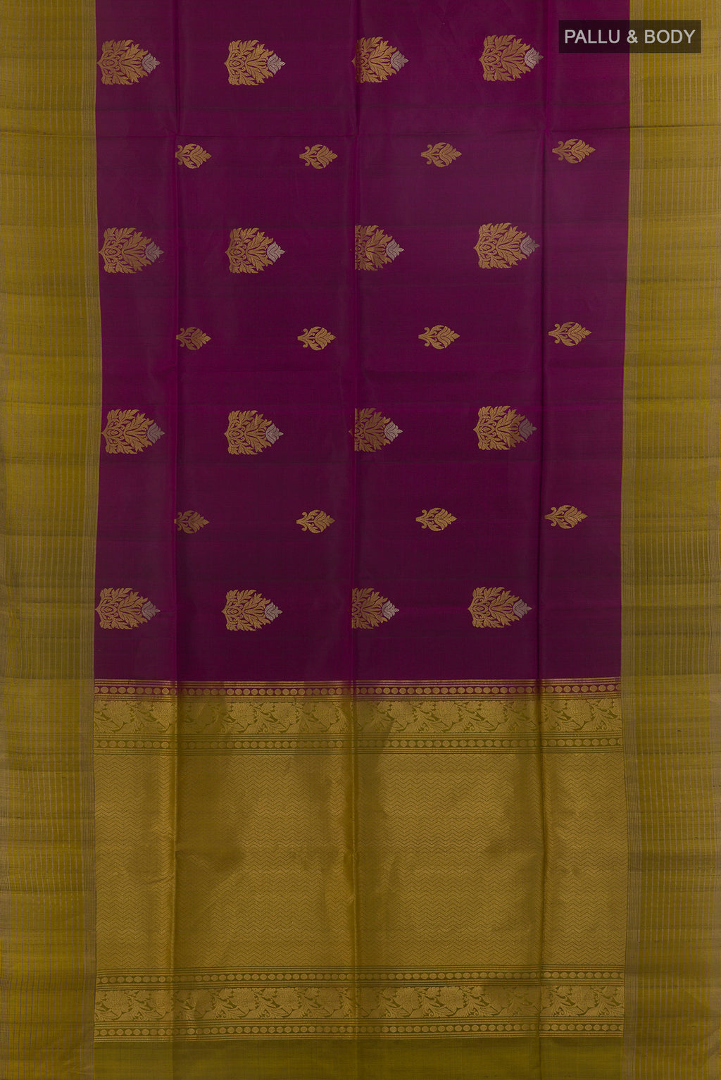 Flat view of Pure Silk Purple Soft Saree with Zari Butta on the body and Zari Border. 