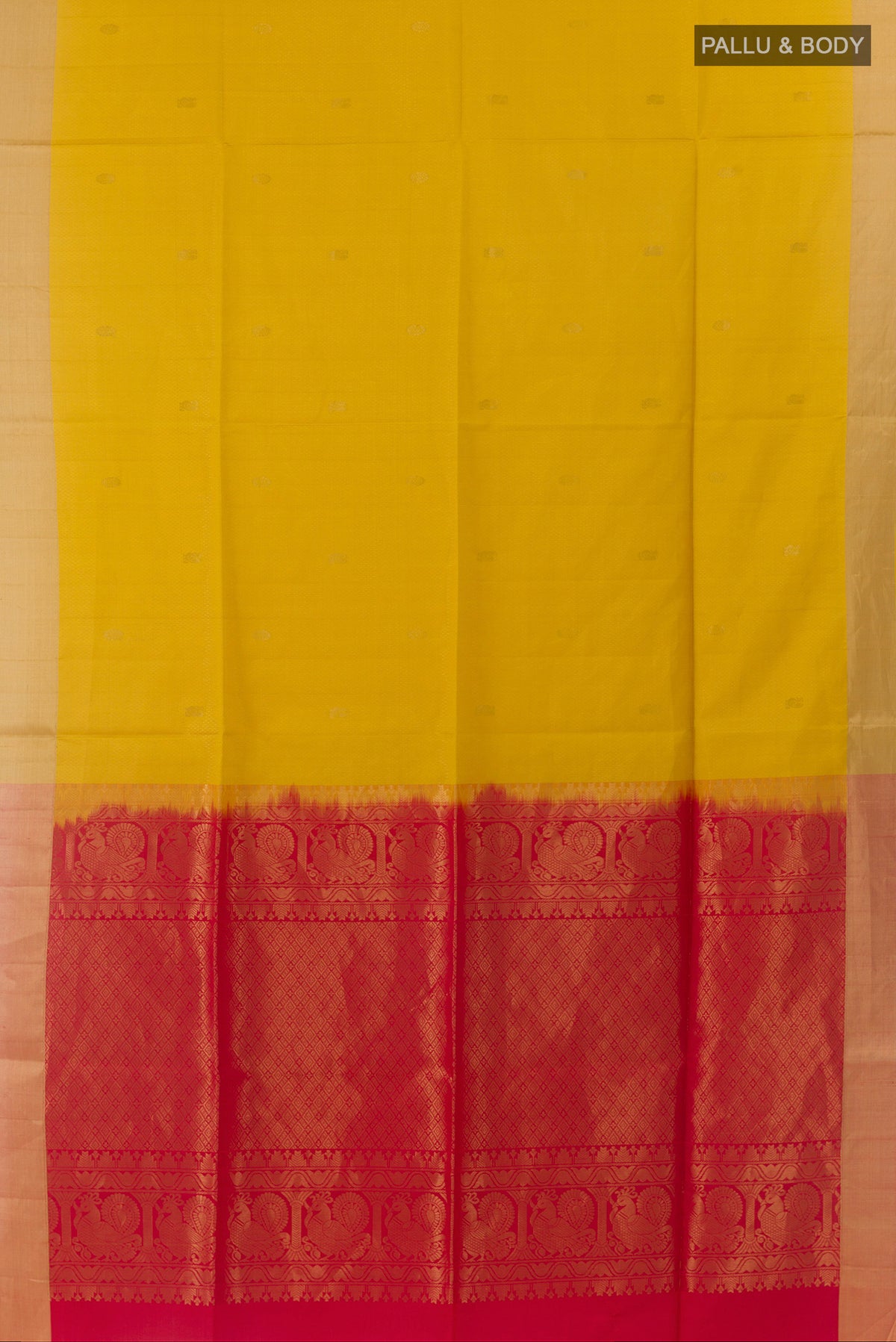 Flat view of Pure Silk Yellow Soft Saree with Zari Butta on the body and Zari Border. 