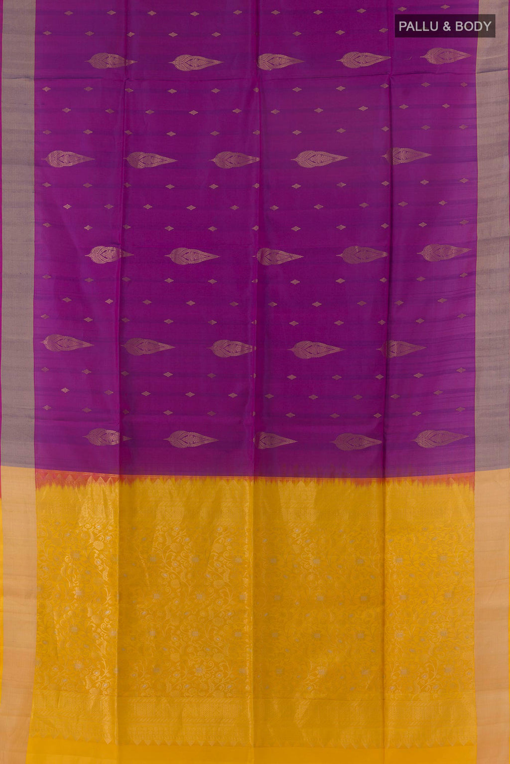 Flat view of Pure Silk Multi Color Soft Saree with Half And Half on the body and Zari Border. 