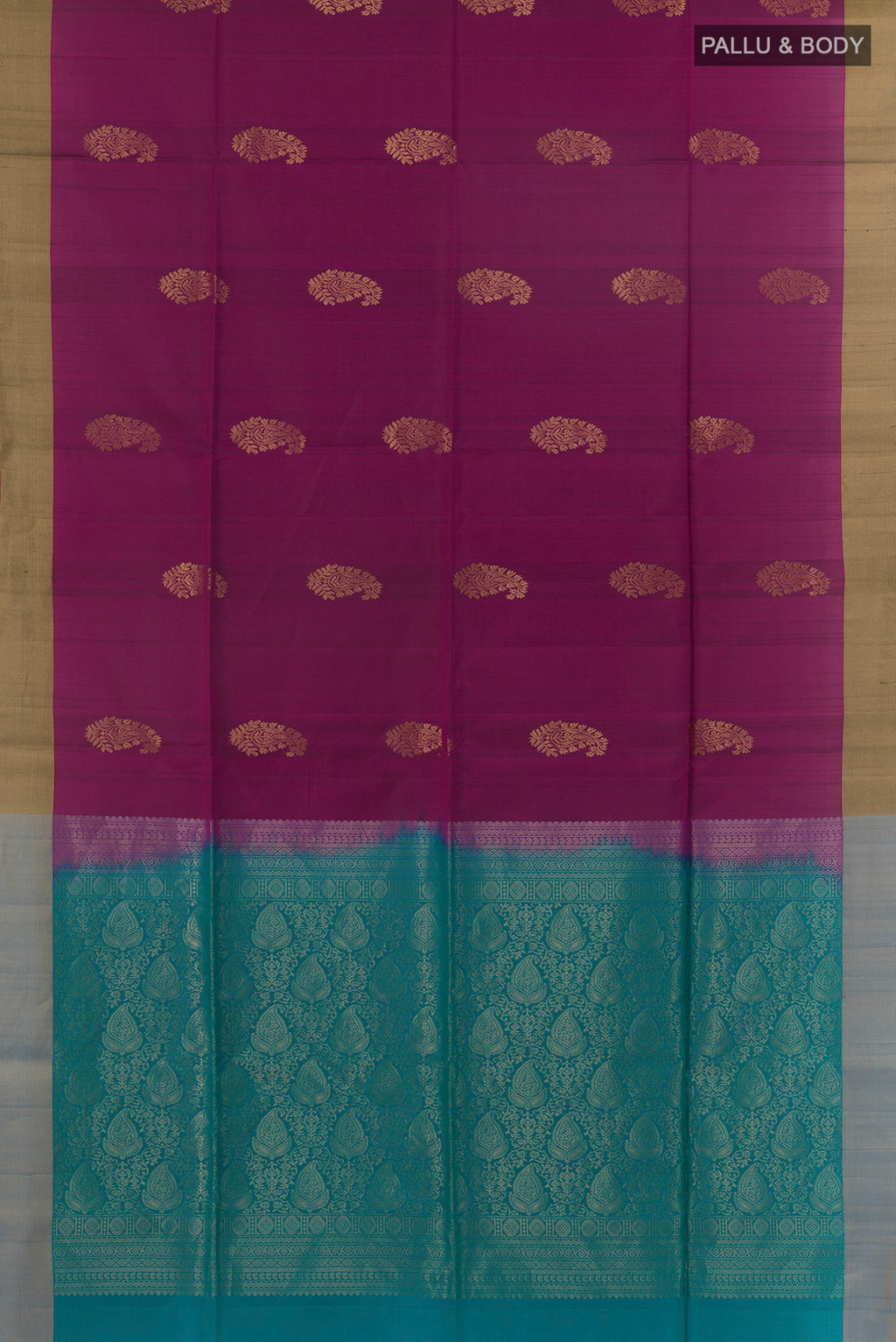 Flat view of Pure Silk Purple Soft Saree with Zari Butta on the body and Zari Border. 