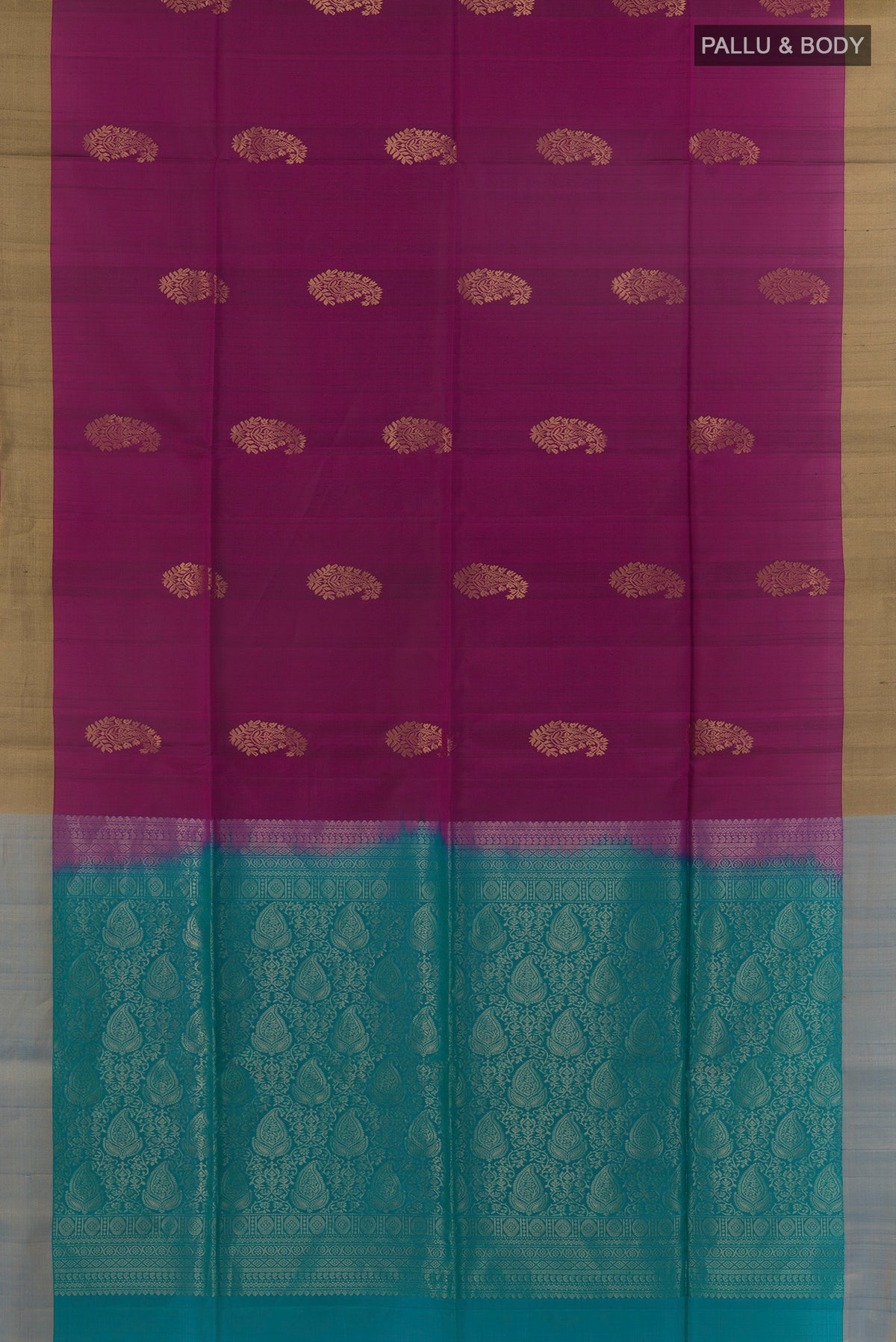 Flat view of Pure Silk Purple Soft Saree with Zari Butta on the body and Zari Border. 