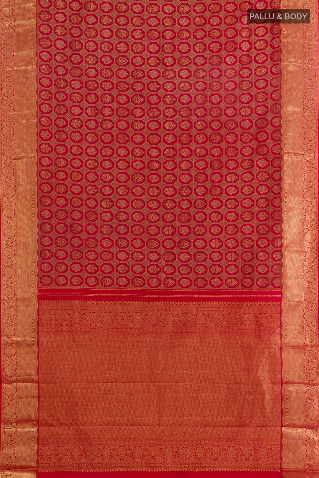 Flat view of Pure Silk Red Kanjivaram Saree with Zari Brocade on the body and Zari Border. 