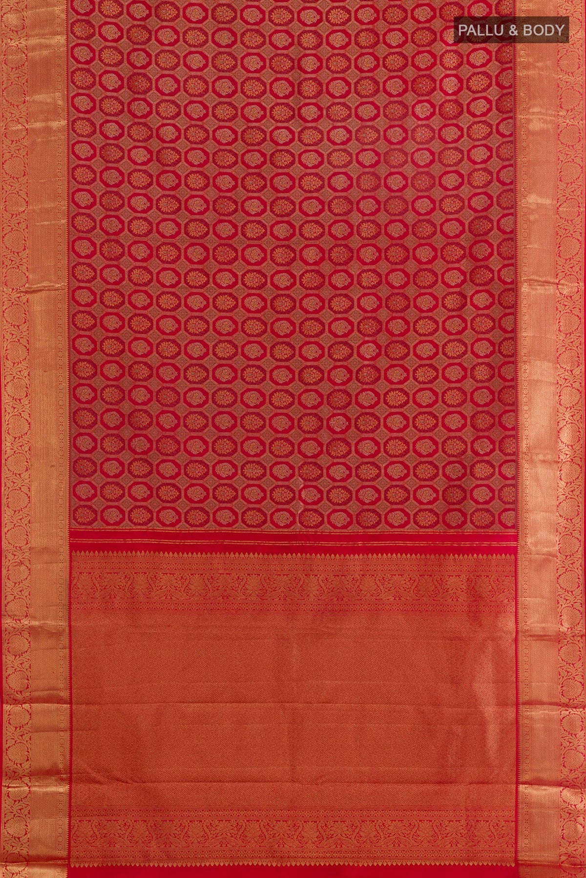 Flat view of Pure Silk Red Kanjivaram Saree with Zari Brocade on the body and Zari Border. 