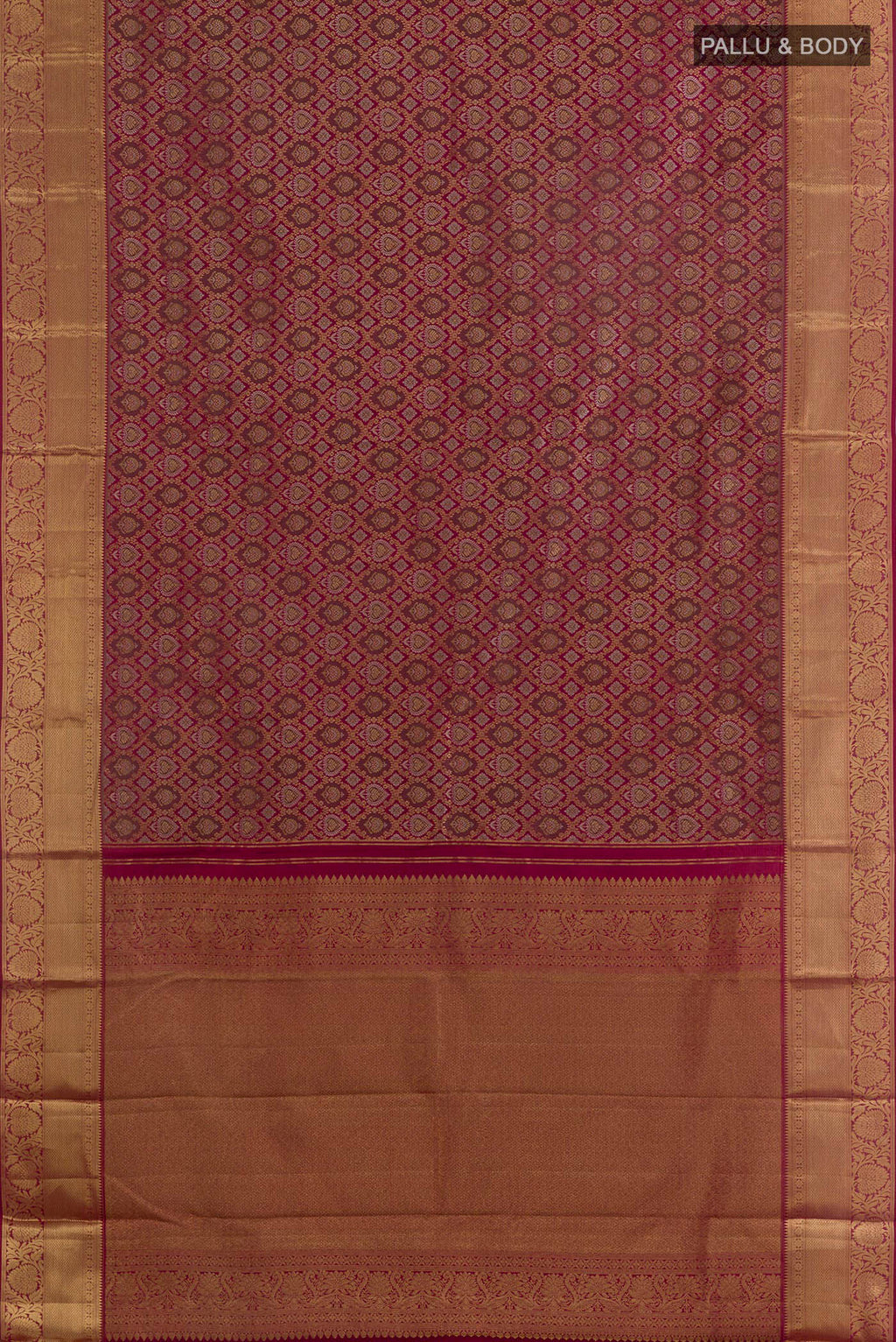 Flat view of Pure Silk Maroon Kanjivaram Saree with Zari Brocade on the body and Zari Border. 