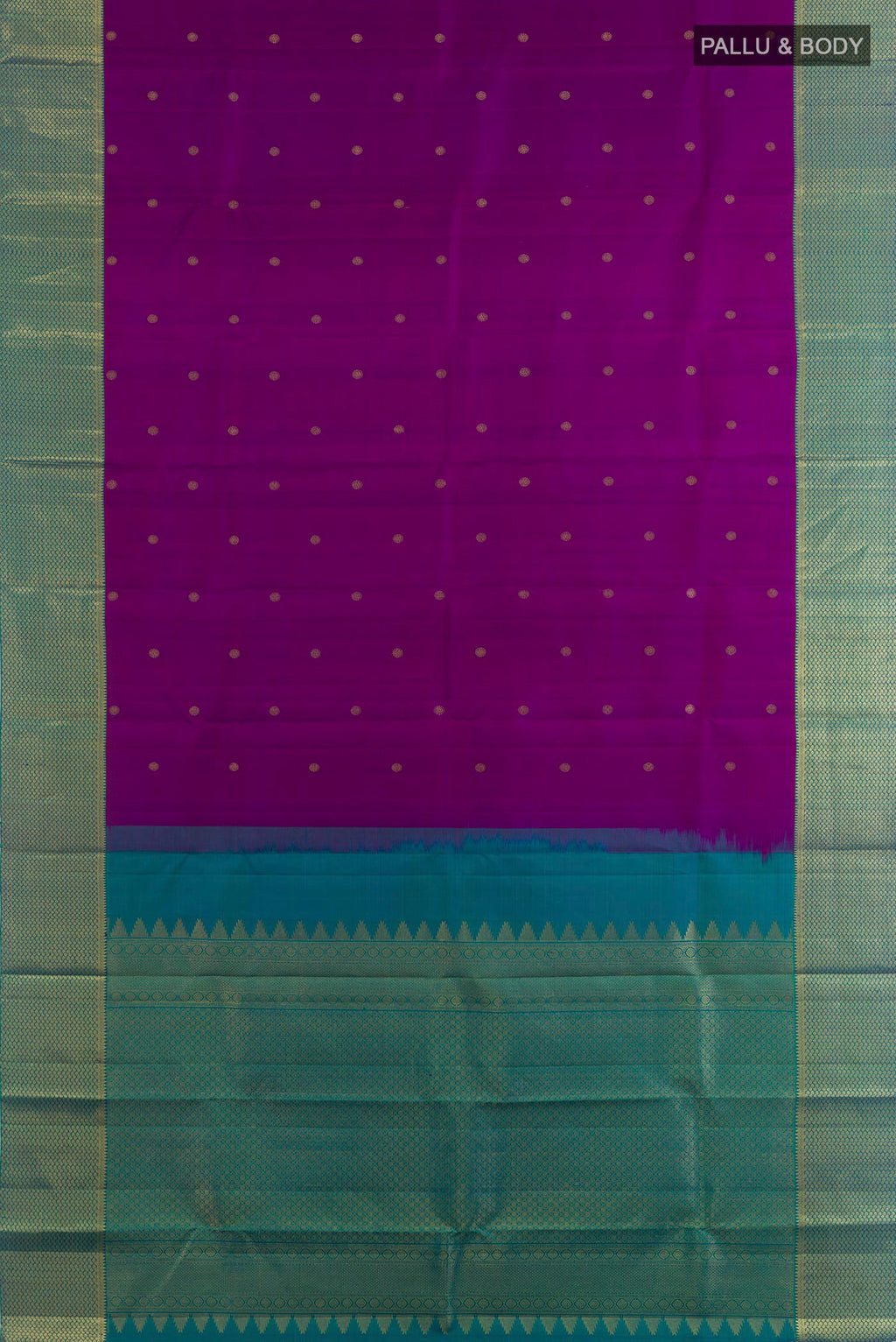 Flat view of Pure Silk Purple Kanchipuram Saree with Zari Butta on the body and Zari Border. 