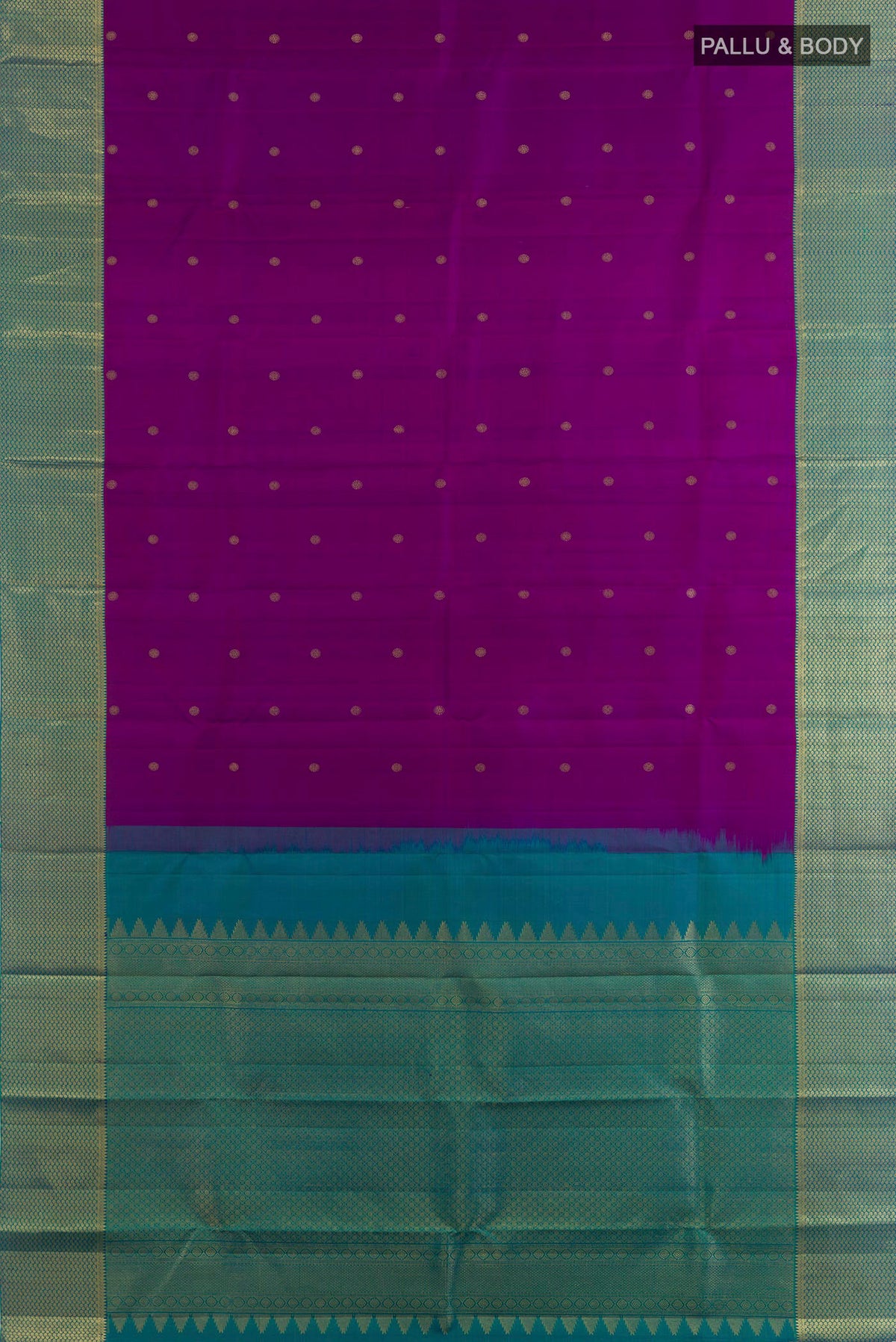 Flat view of Pure Silk Purple Kanchipuram Saree with Zari Butta on the body and Zari Border. 