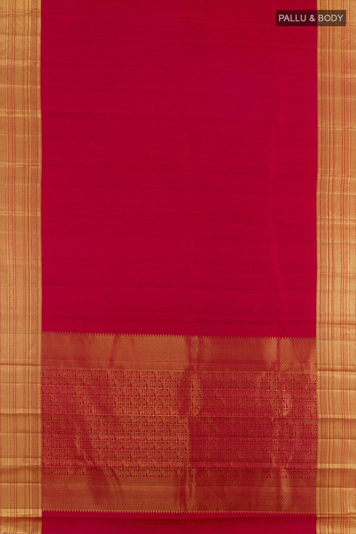 Flat view of Pure Silk Red Kanjivaram Saree with Checked design on the body and Zari Border. 
