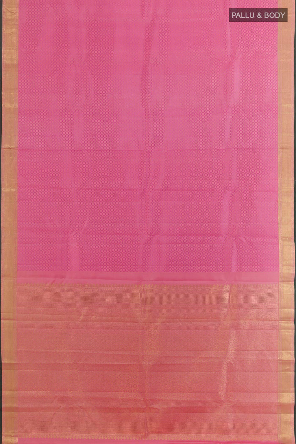Flat view of Pure Silk Pink Kanjivaram Saree with Jacquard design on the body and Zari Border. 