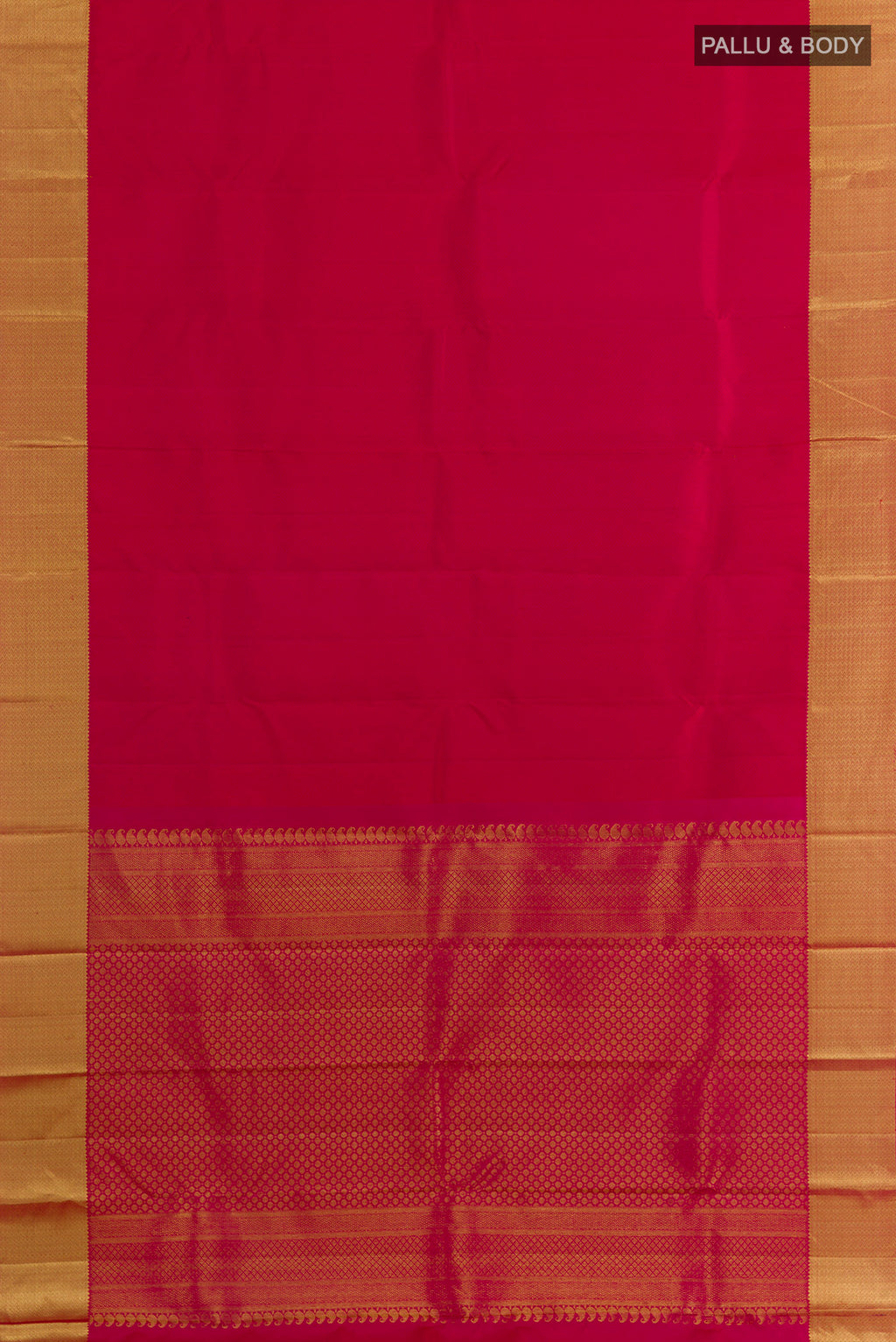 Flat view of Pure Silk Dark Pink Kanjivaram Saree with Jacquard design on the body and Zari Border. 
