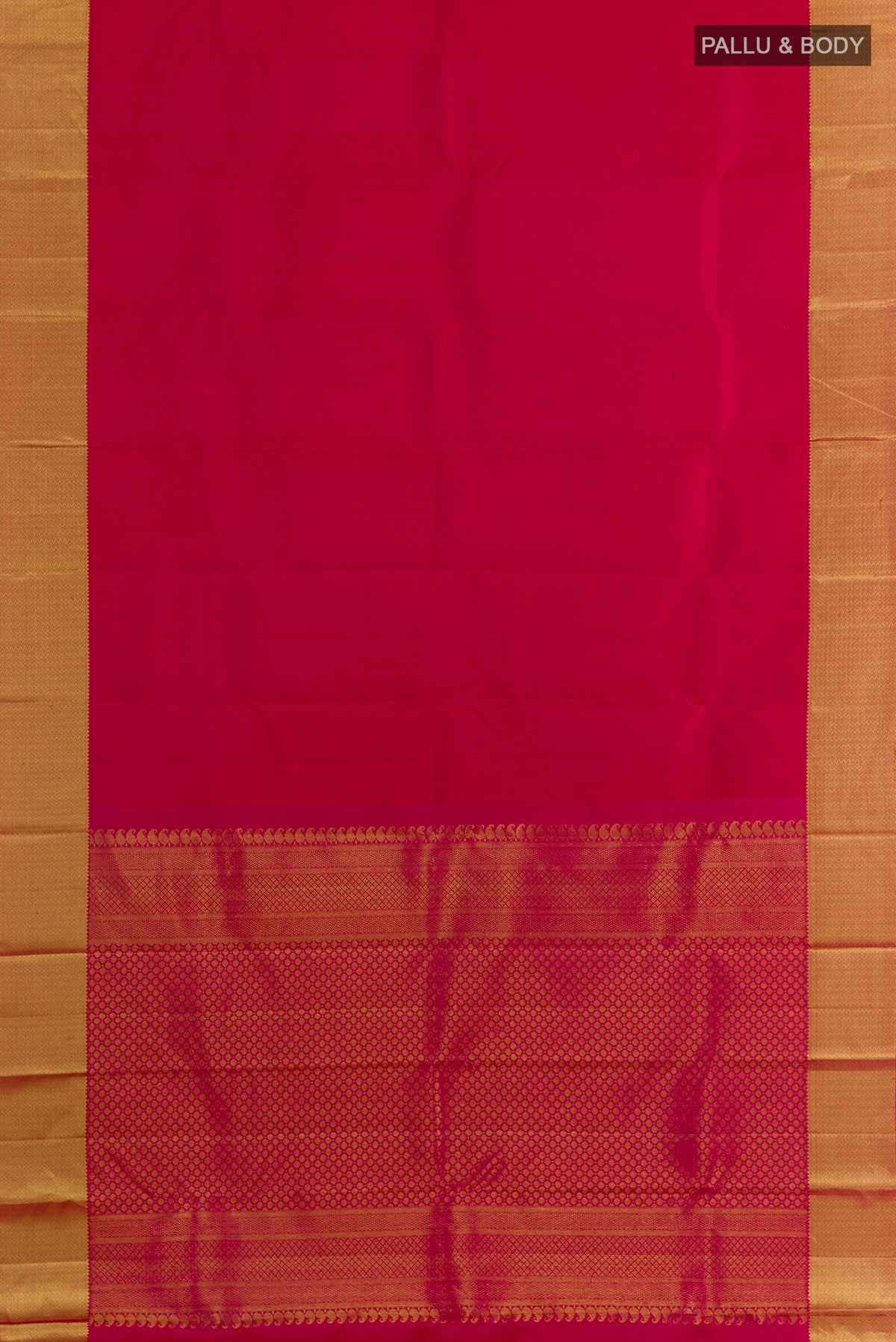 Flat view of Pure Silk Dark Pink Kanjivaram Saree with Jacquard design on the body and Zari Border. 