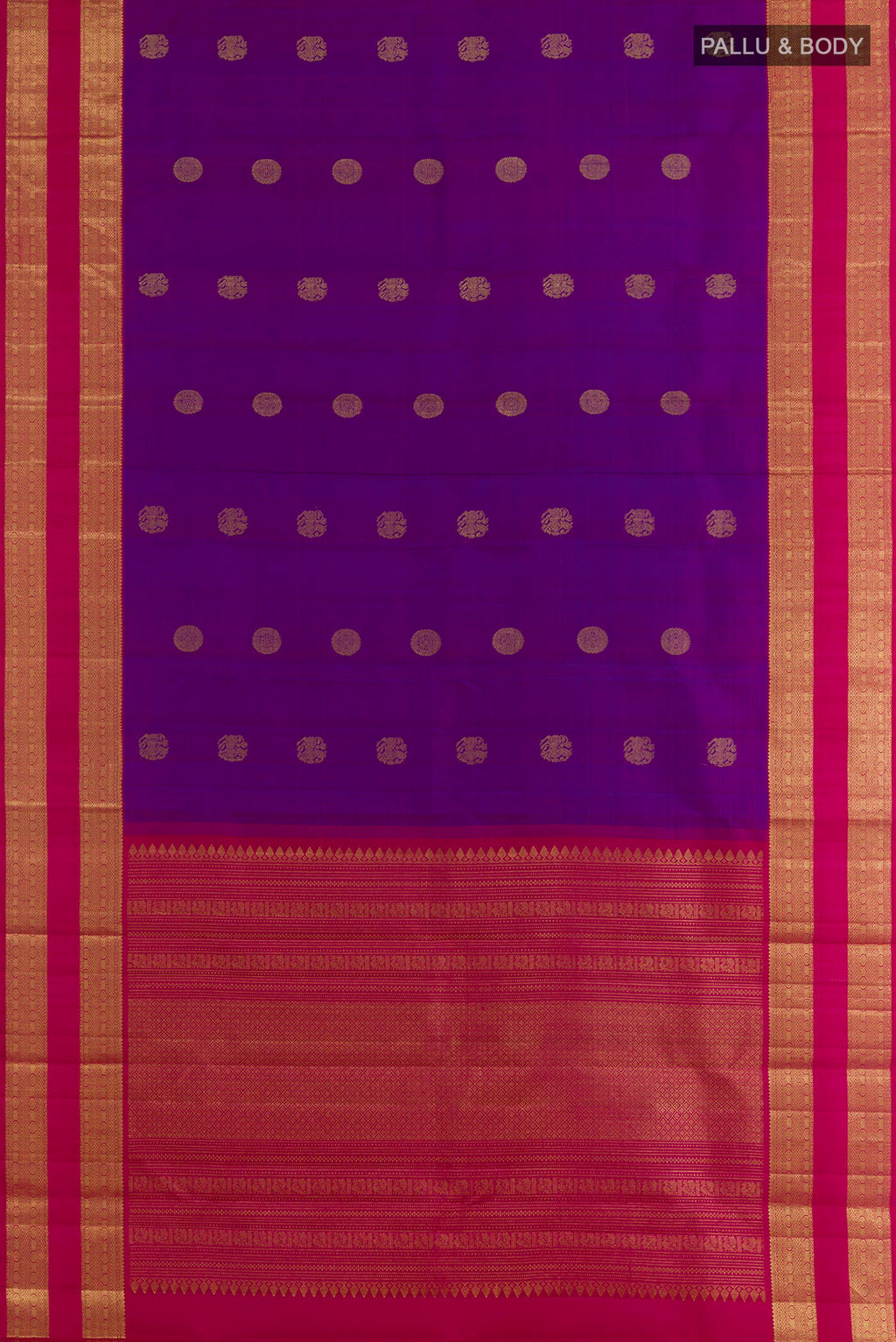 Flat view of Pure Silk Purple Kanchipuram Saree with Zari Butta on the body and Zari Border. 
