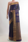 Pure Silk Navy Blue Kanjivaram Saree with Stripes on the body and Zari Border.  displayed on a mannequin