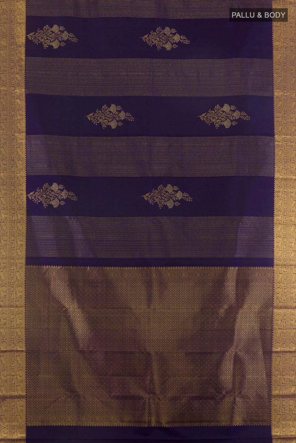 Flat view of Pure Silk Navy Blue Kanjivaram Saree with Stripes on the body and Zari Border. 