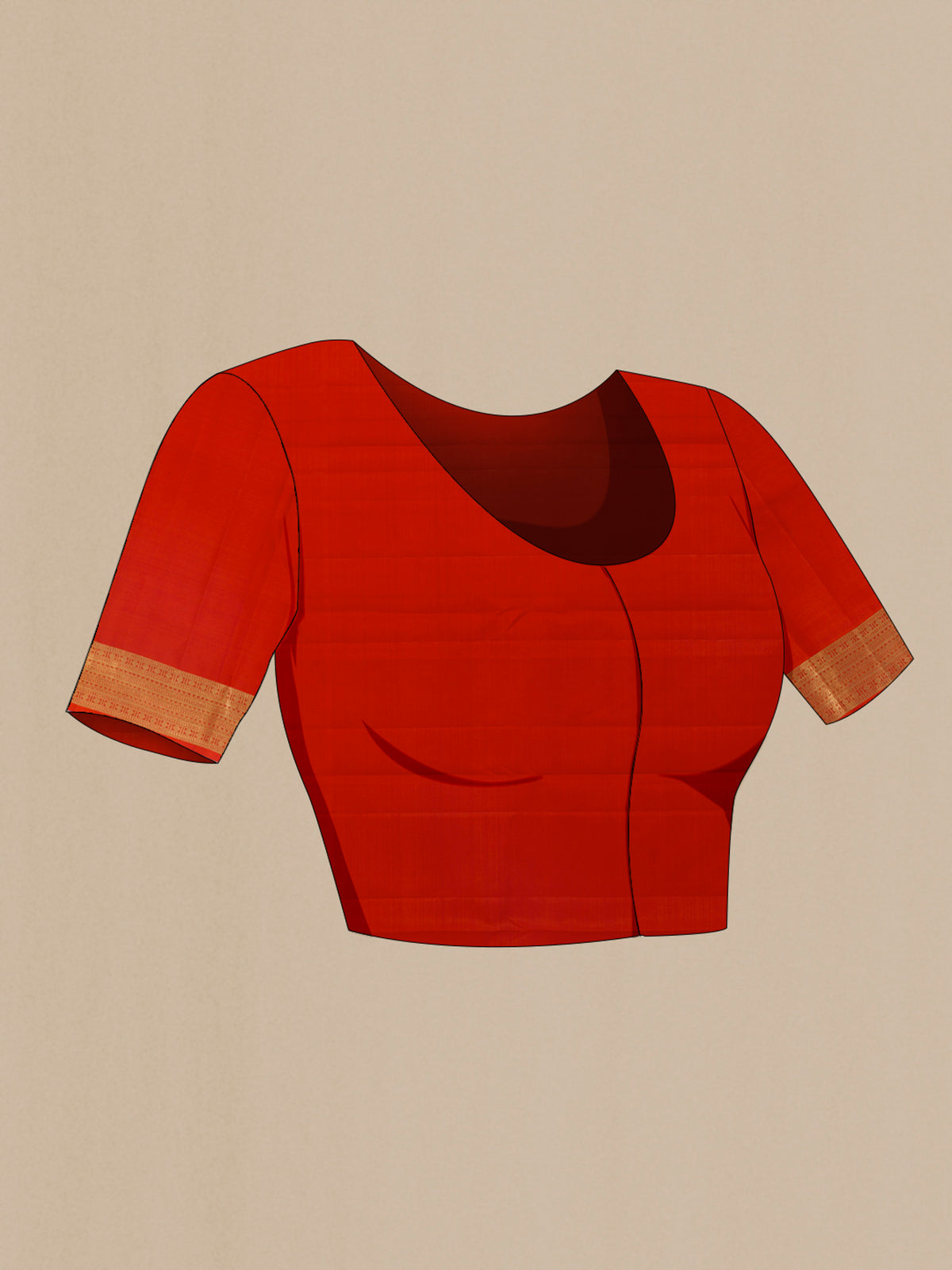 Close up image of the blouse of Pure Silk Orange Kanjivaram Saree with Zari Butta on the body and Paithani Border. 
