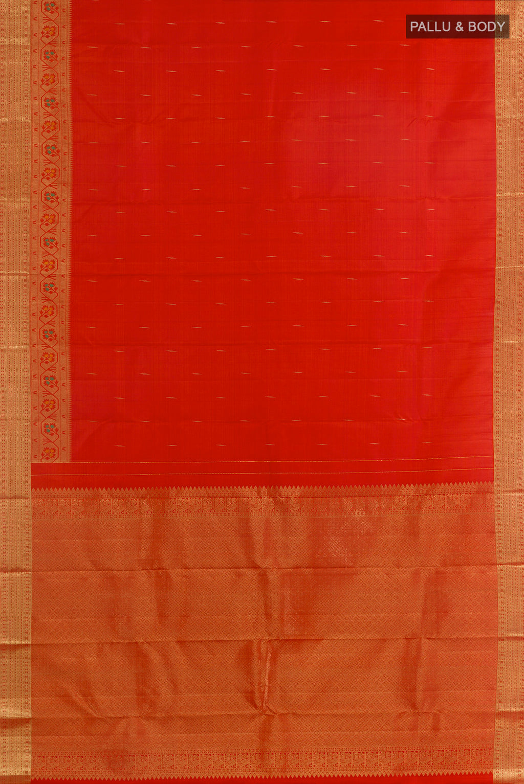 Flat view of Pure Silk Orange Kanjivaram Saree with Zari Butta on the body and Paithani Border. 