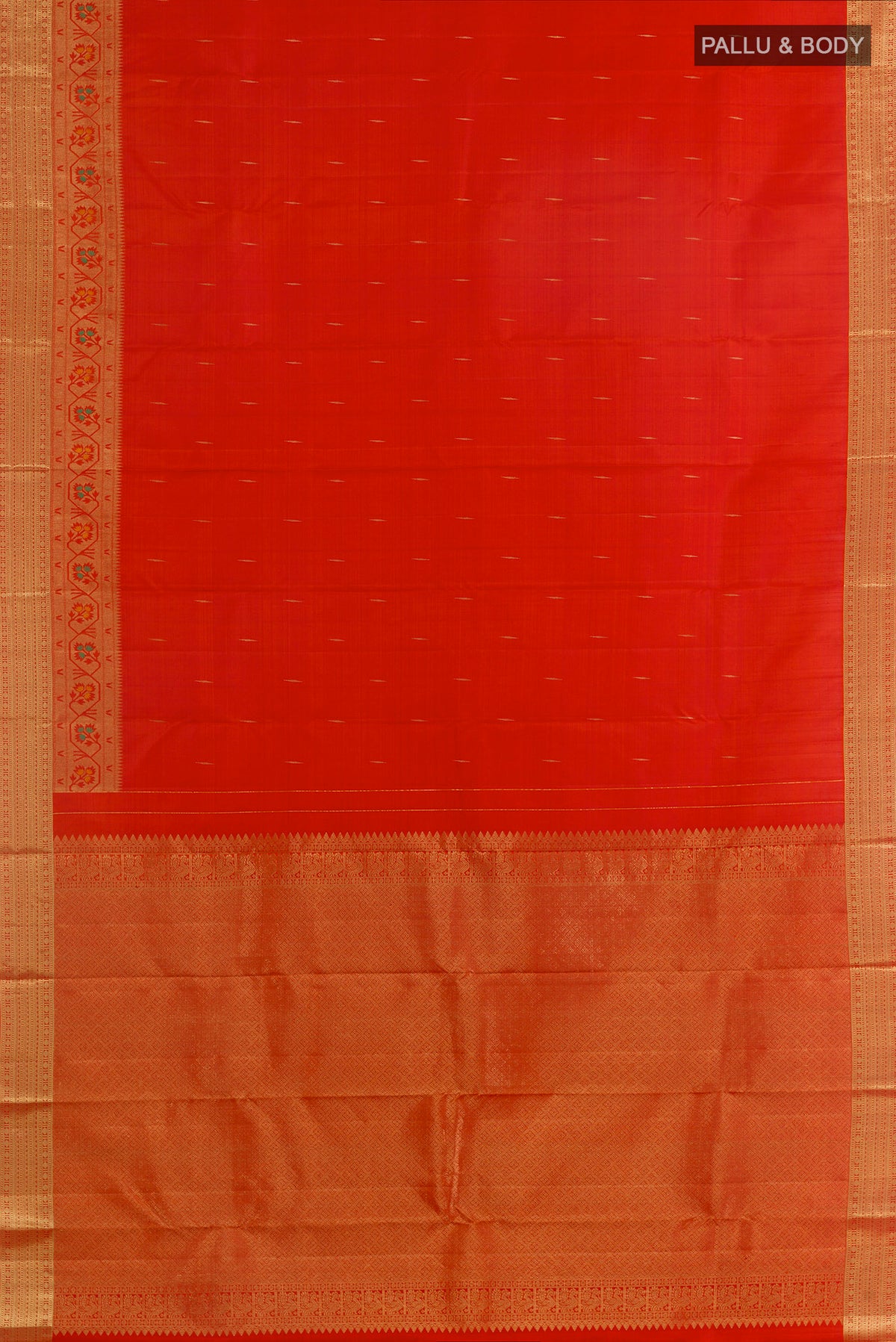 Flat view of Pure Silk Orange Kanjivaram Saree with Zari Butta on the body and Paithani Border. 