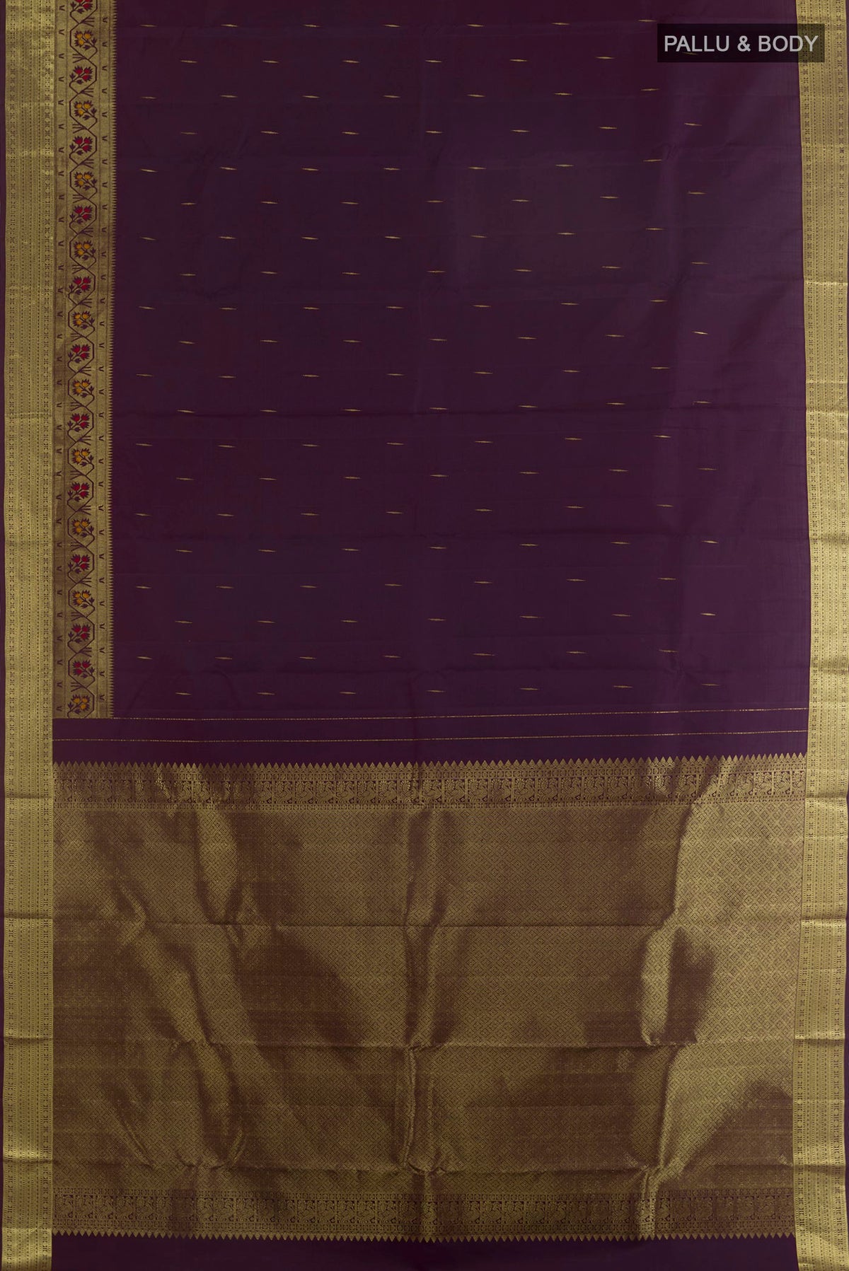 Flat view of Pure Silk Coffee Brown Kanjivaram Saree with Zari Butta on the body and Zari Border. 