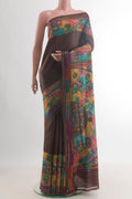 Brown Tussar Saree with Kantha Work on the body and Embroidery Border.  displayed on a mannequin