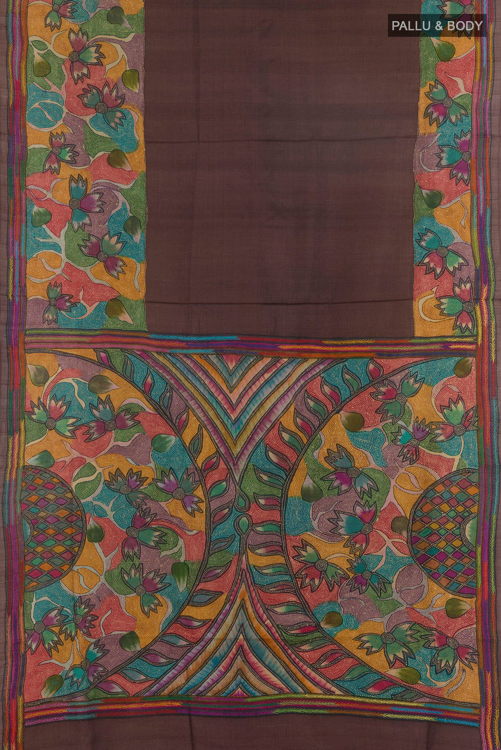 Flat view of Brown Tussar Saree with Kantha Work on the body and Embroidery Border. 