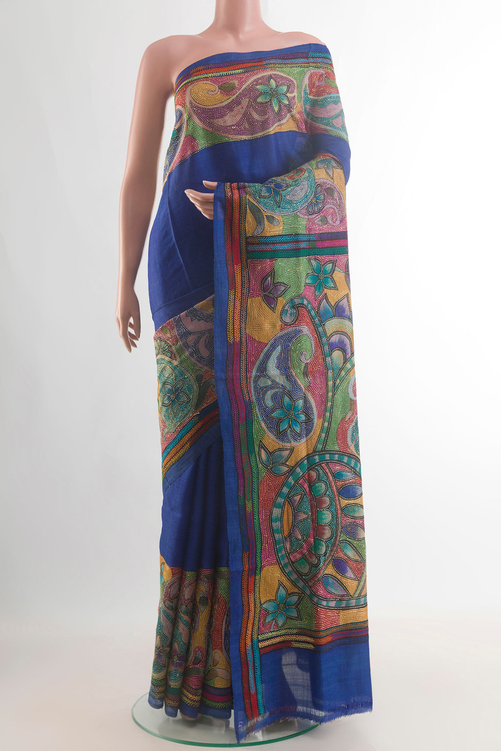 Royal Blue Tussar Saree with Kantha Work on the body and Embroidery Border.  displayed on a mannequin