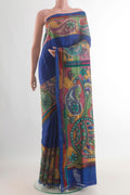 Royal Blue Tussar Saree with Kantha Work on the body and Embroidery Border.  displayed on a mannequin