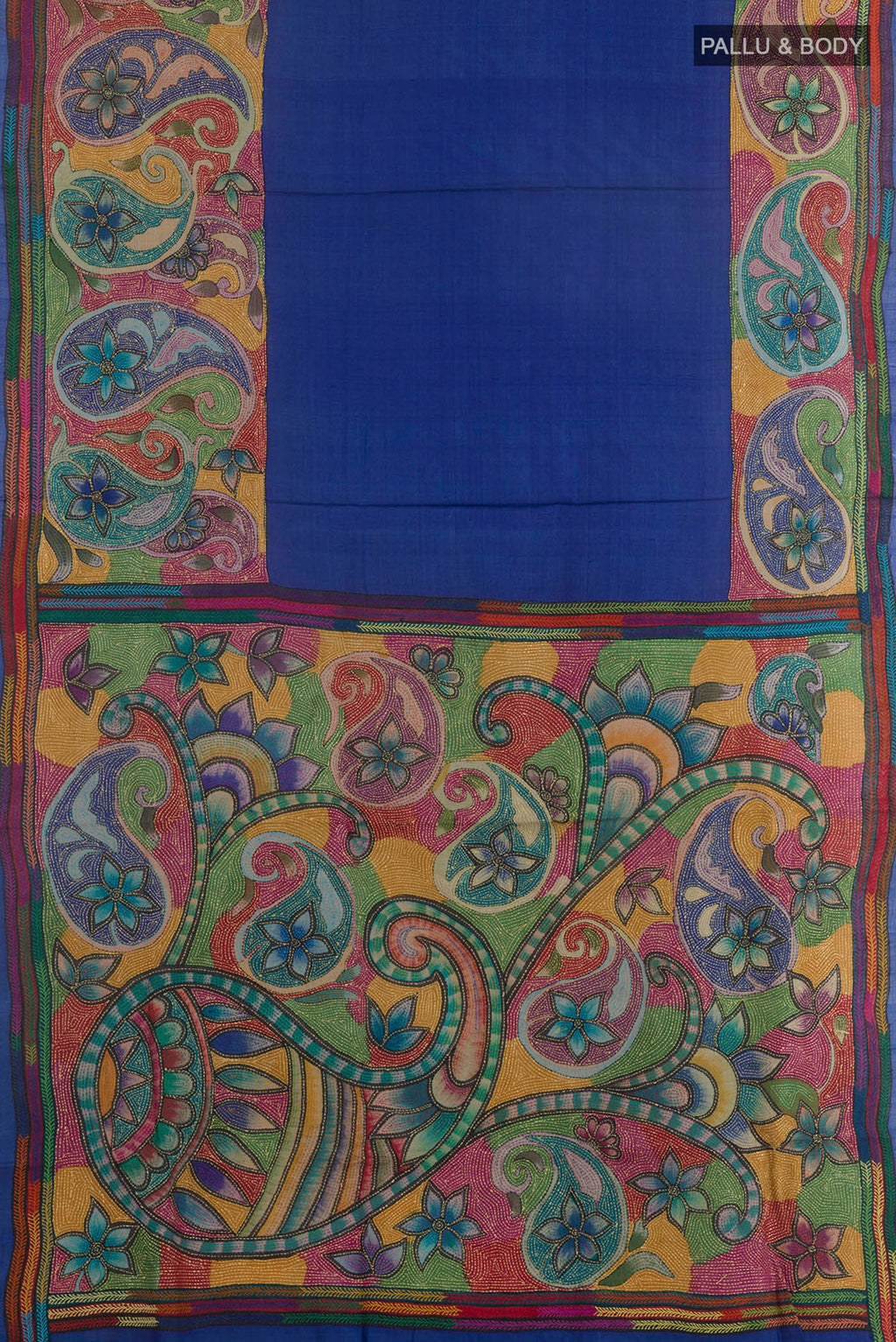 Flat view of Royal Blue Tussar Saree with Kantha Work on the body and Embroidery Border. 