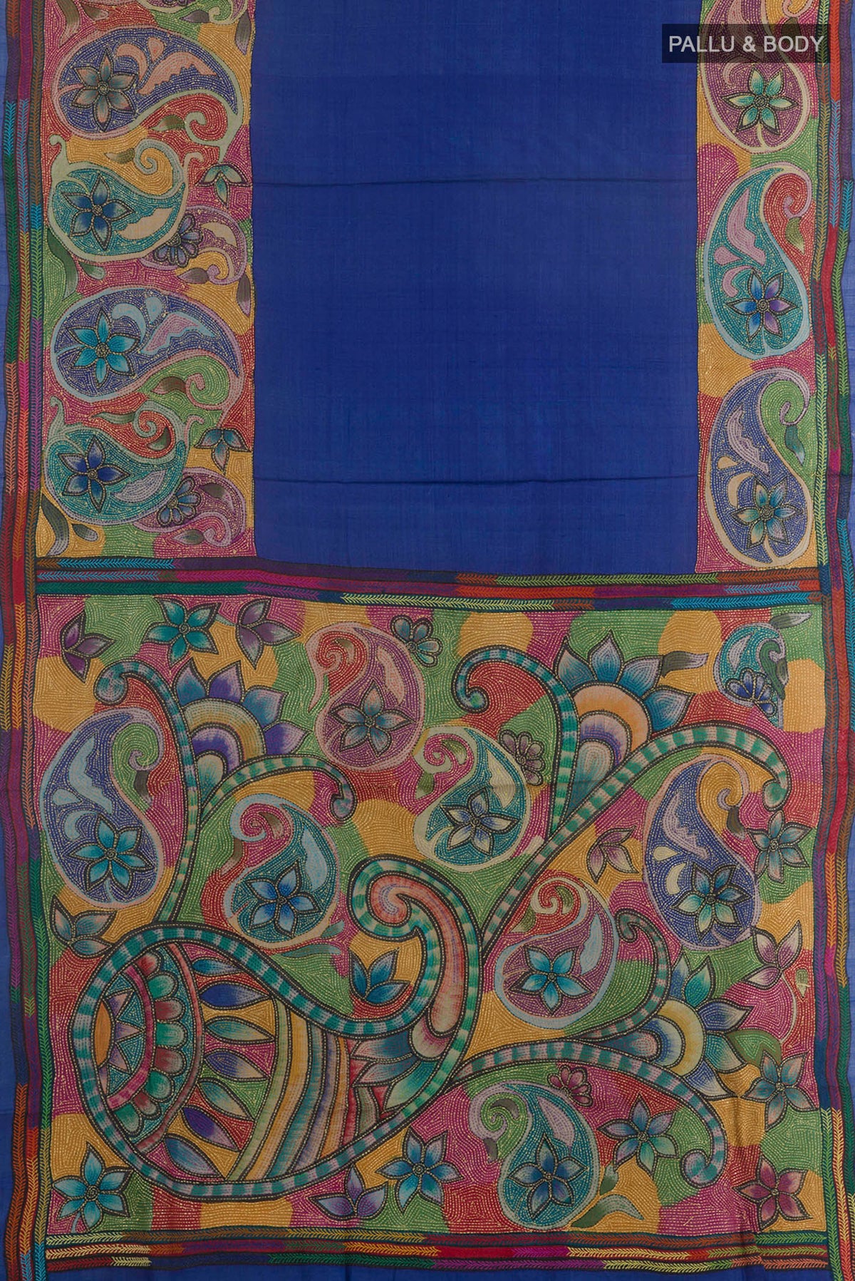 Flat view of Royal Blue Tussar Saree with Kantha Work on the body and Embroidery Border. 