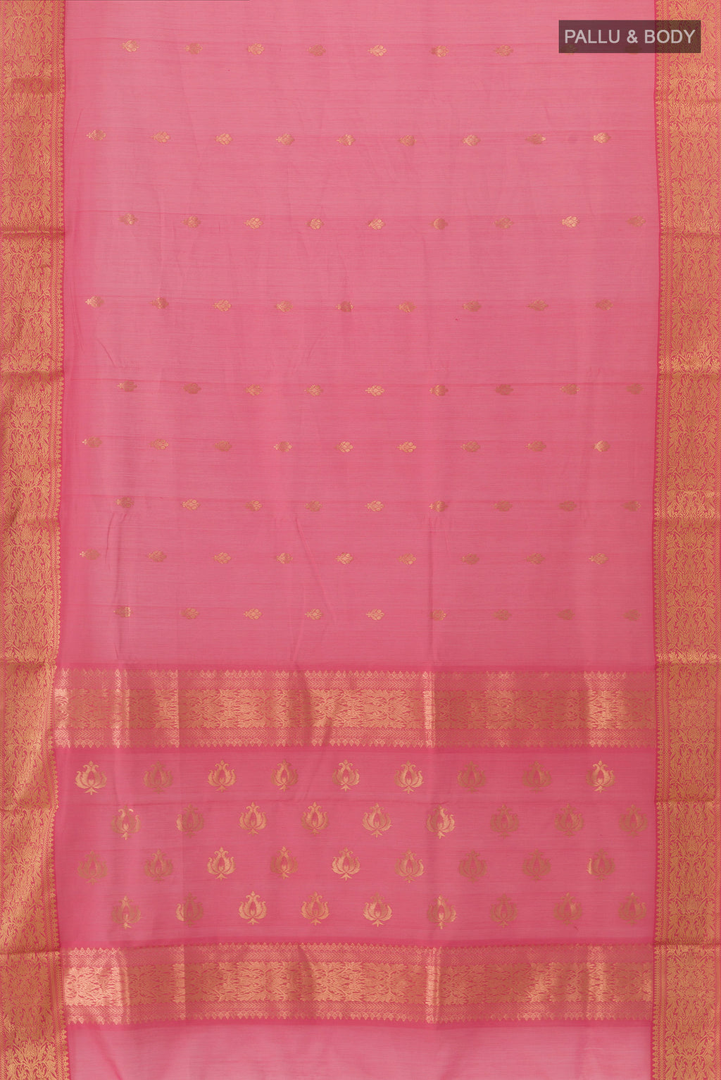 Flat view of Coral Blended Chanderi Silk Cotton Saree with Zari Butta on the body and Zari Border. 