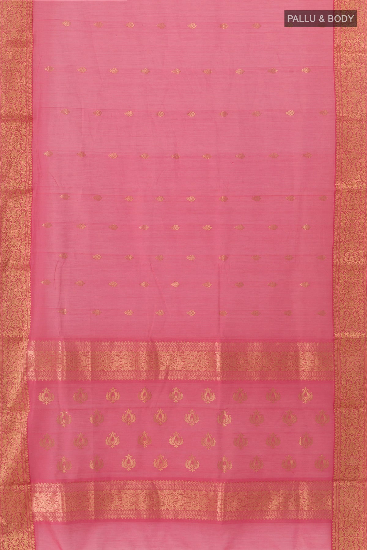 Flat view of Coral Blended Chanderi Silk Cotton Saree with Zari Butta on the body and Zari Border. 