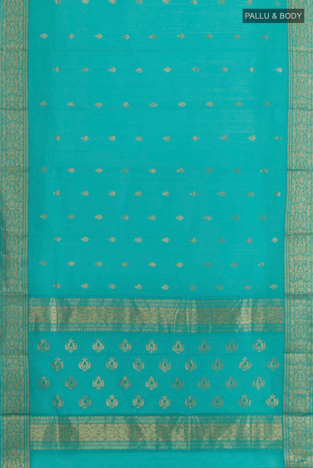 Flat view of Turquoise Chanderi Cotton Saree with Zari Butta on the body and Zari Border. 