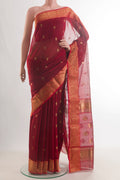 Red Chanderi Cotton Saree with Zari Butta on the body and Zari Border.  displayed on a mannequin