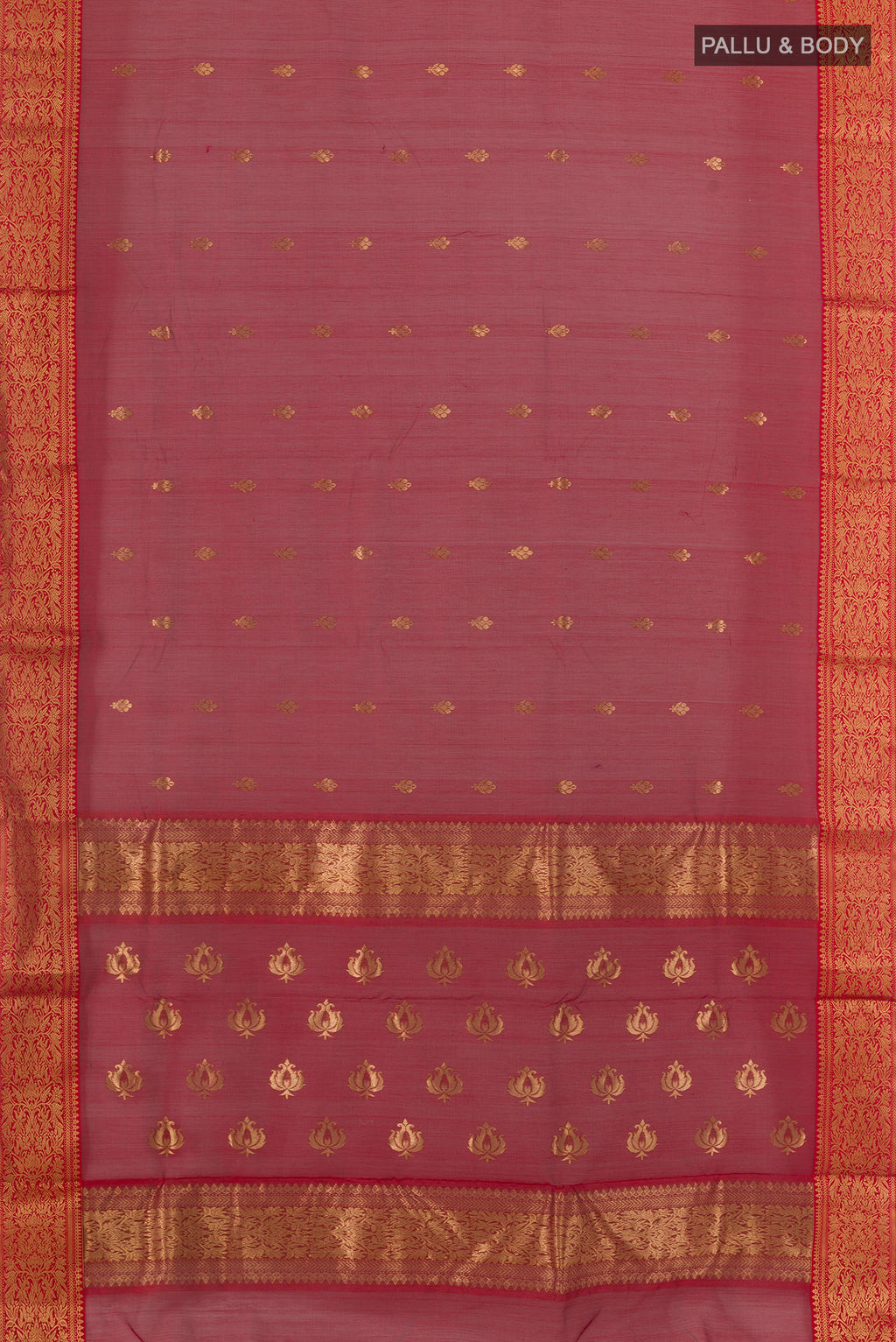 Flat view of Red Chanderi Cotton Saree with Zari Butta on the body and Zari Border. 