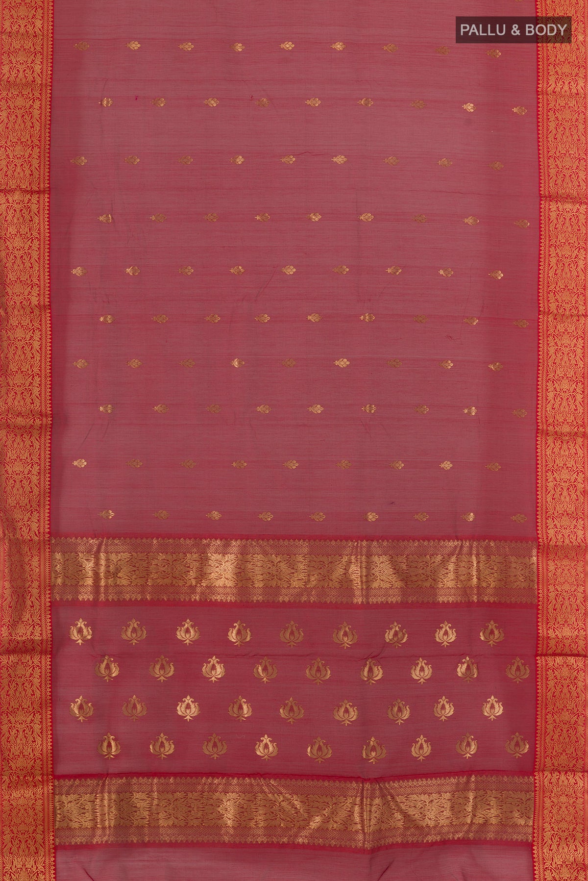 Flat view of Red Chanderi Cotton Saree with Zari Butta on the body and Zari Border. 