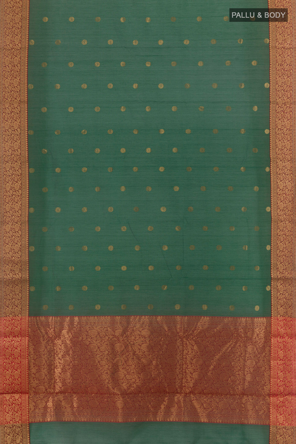 Flat view of Green Chanderi Cotton Saree with Zari Butta on the body and Zari Border. 
