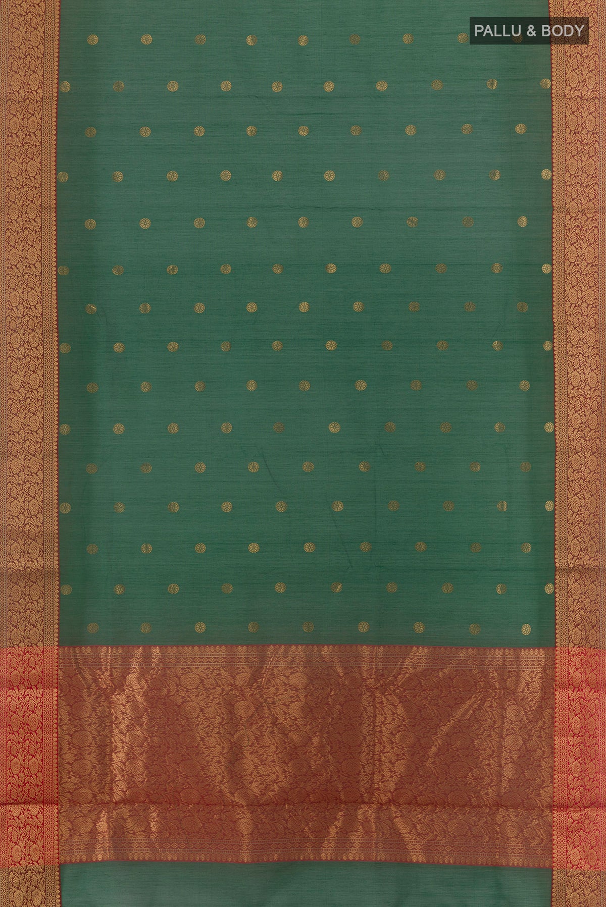 Flat view of Green Chanderi Cotton Saree with Zari Butta on the body and Zari Border. 