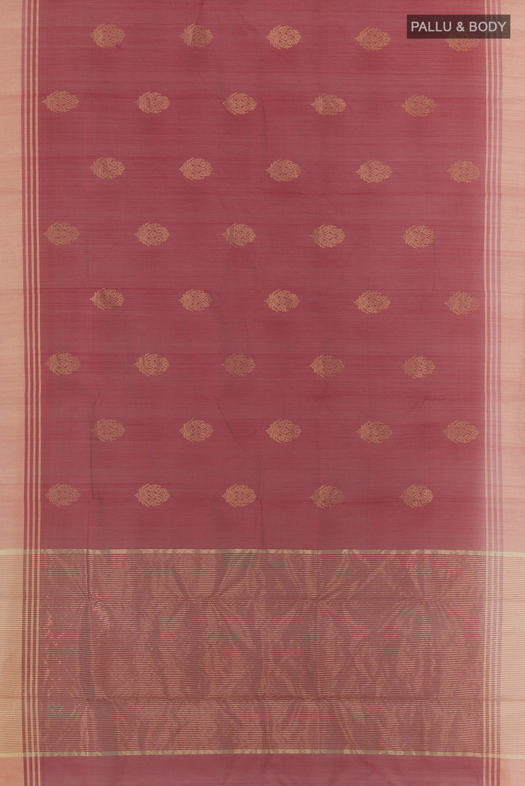 Flat view of Maroon Chanderi Cotton Saree with Zari Butta on the body and Zari Border. 