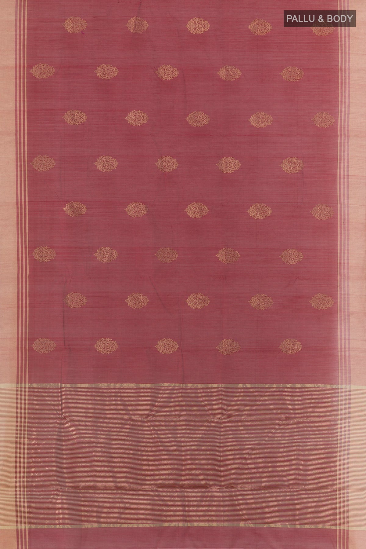 Flat view of Maroon Chanderi Cotton Saree with Zari Butta on the body and Zari Border. 