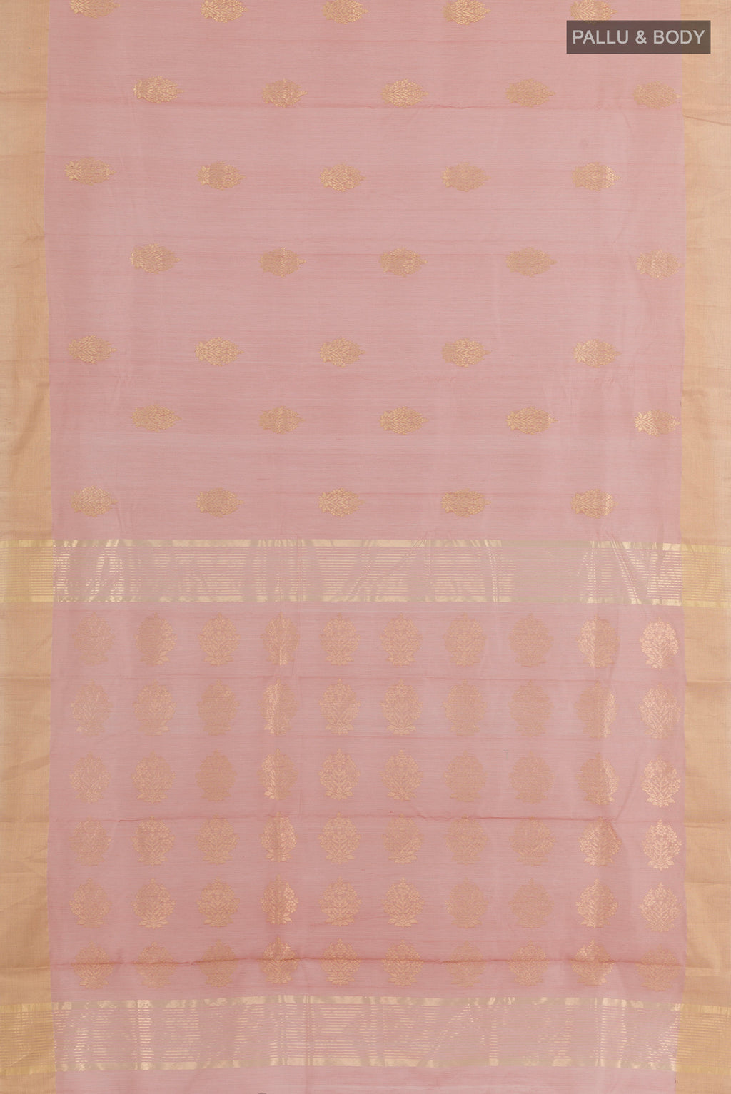 Flat view of Rose Gold Chanderi Cotton Saree with Zari Butta on the body and Zari Border. 