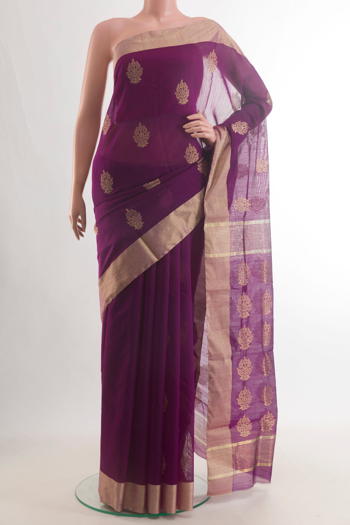 Purple Chanderi Cotton Saree with Zari Butta on the body and Zari Border.  displayed on a mannequin
