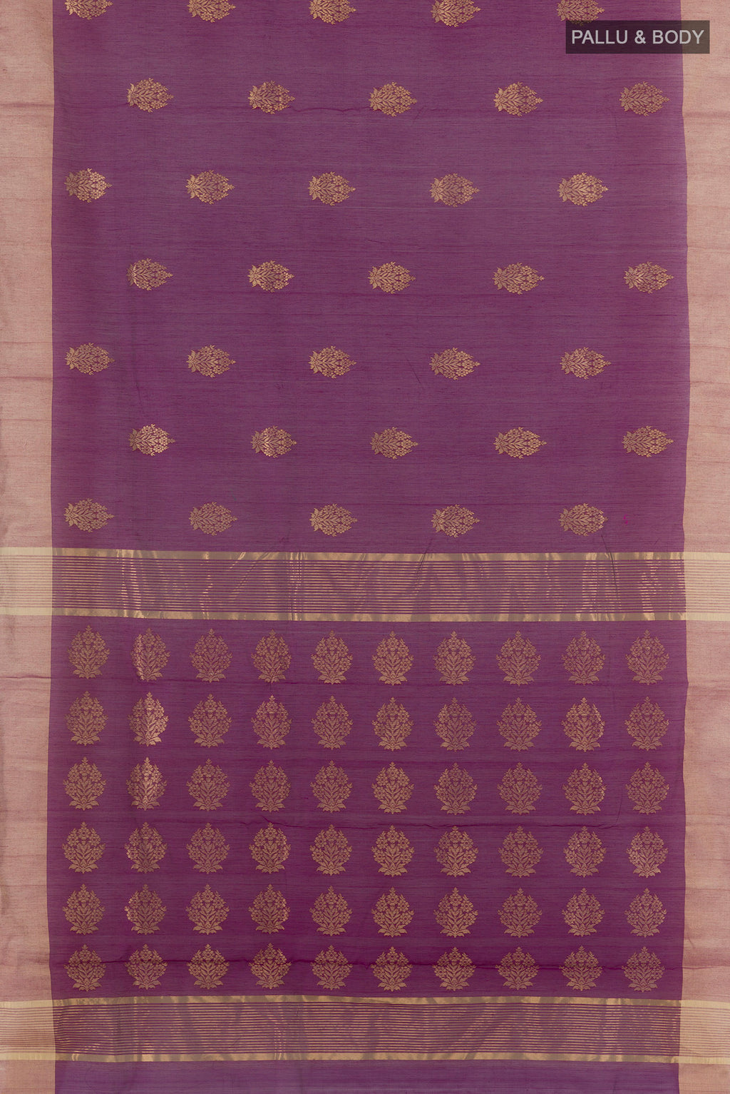 Flat view of Purple Chanderi Cotton Saree with Zari Butta on the body and Zari Border. 