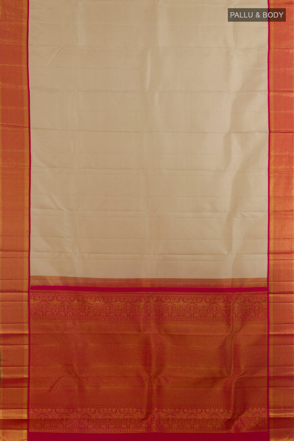 Flat view of Pure Silk Beige Kanchipuram Saree with Plain Body and Zari Border. 