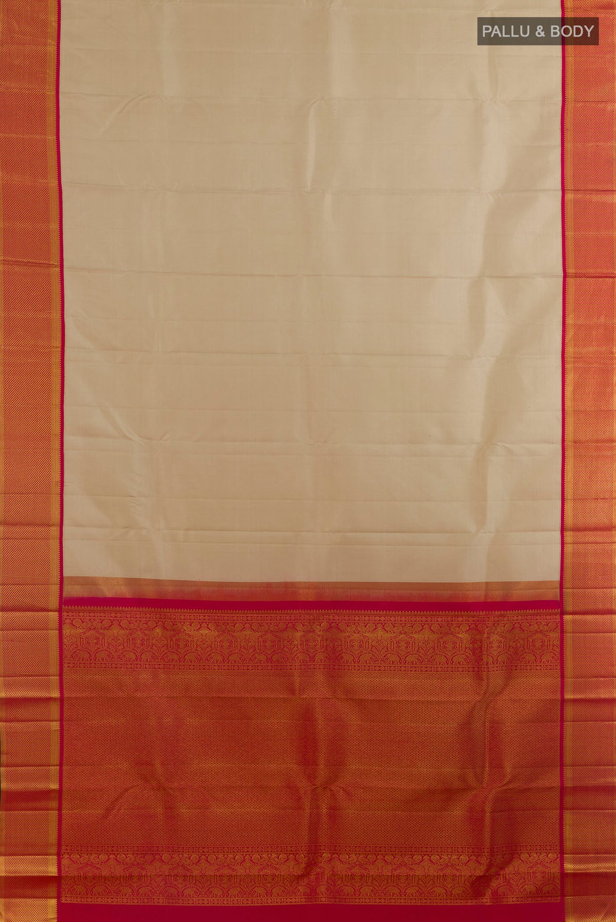 Flat view of Pure Silk Beige Kanchipuram Saree with Plain Body and Zari Border. 